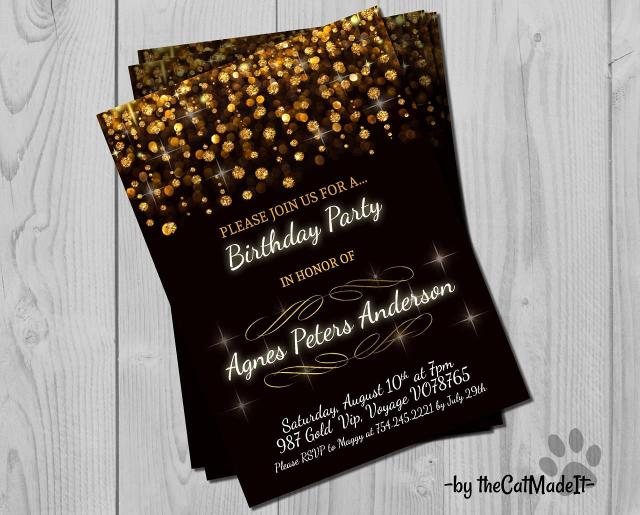 Golden Birthday Invitation - Glamorous Black, Gold and white Invite - Golden Digital Invitation