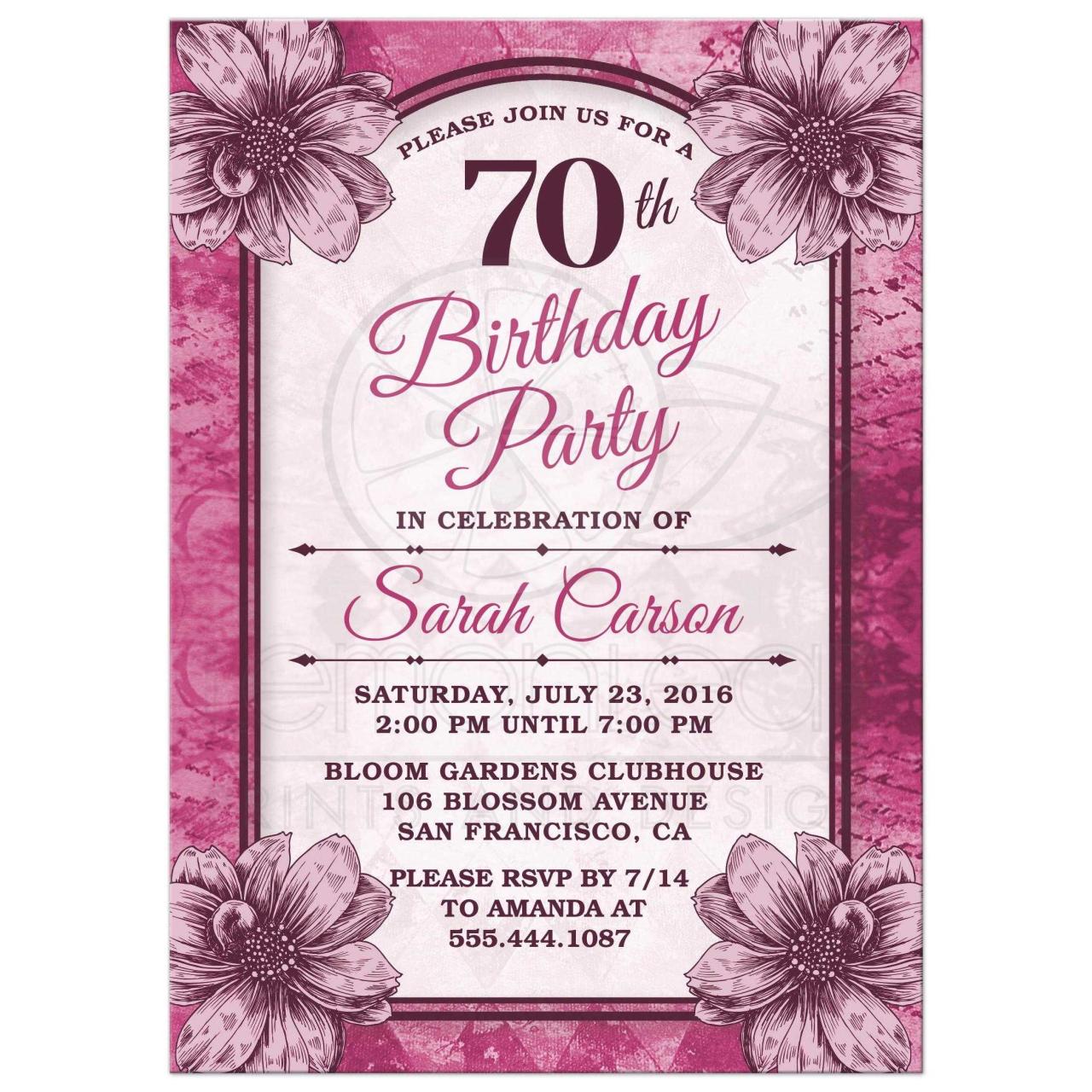 Fuchsia Flowers 70th Birthday Party Invitation