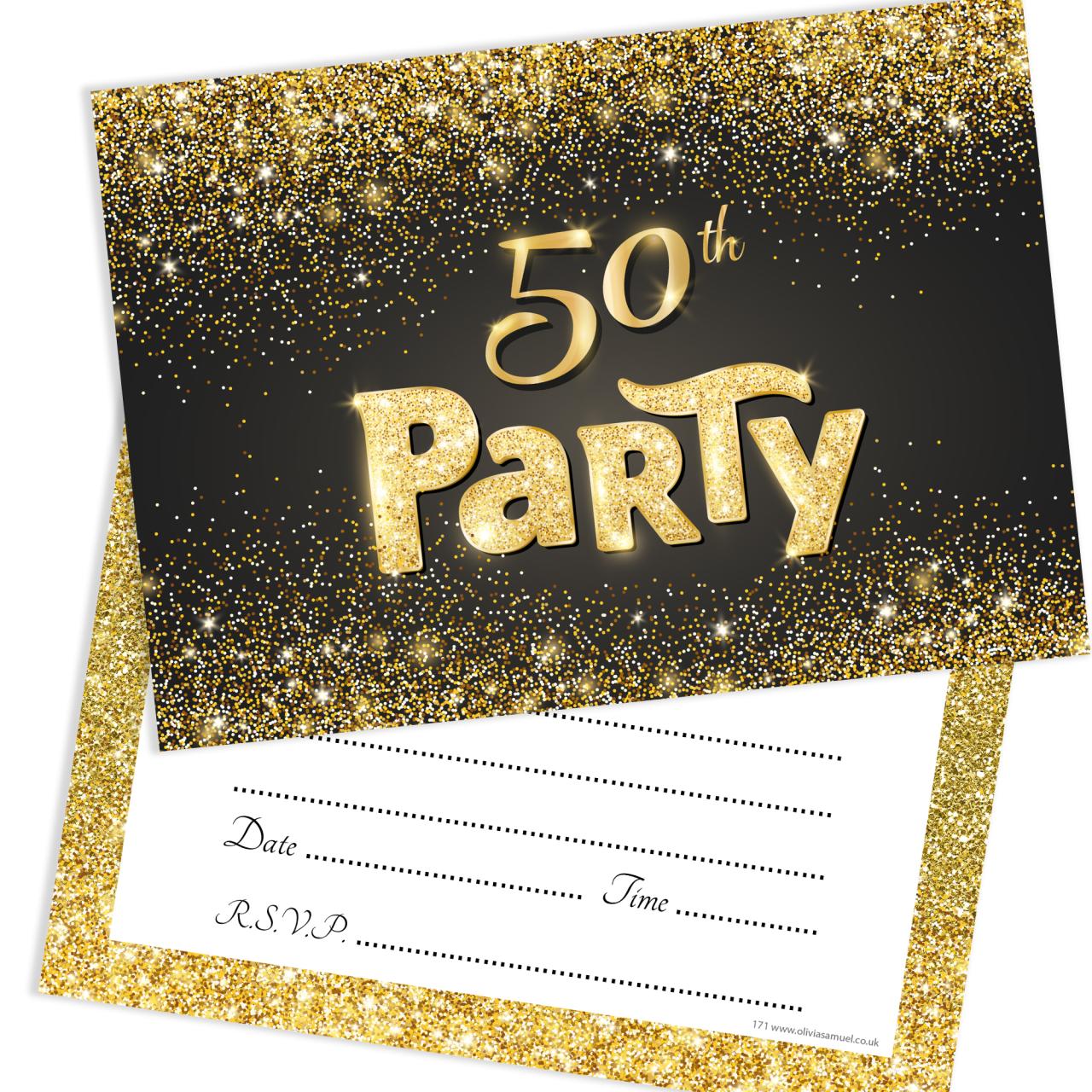 Black and Gold Effect 50th Birthday Party Invitations