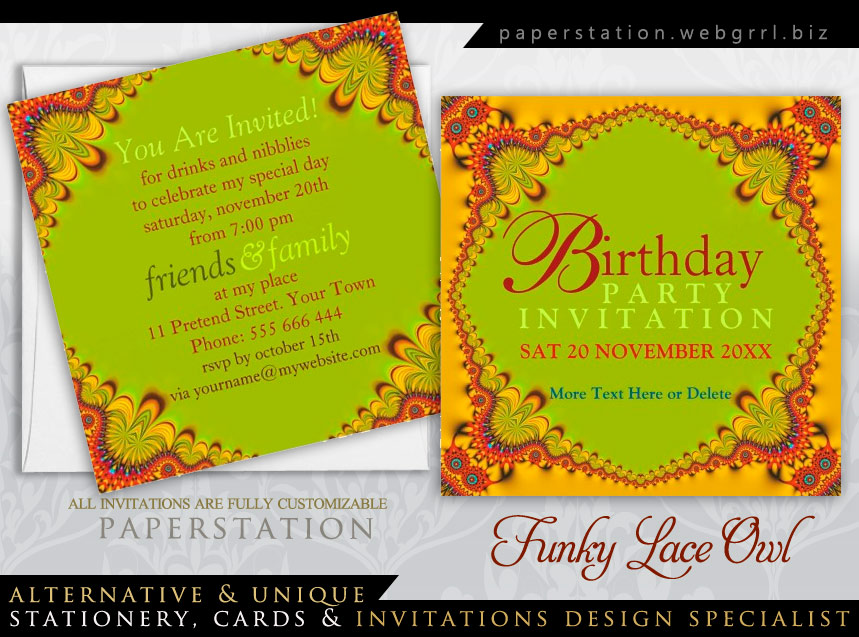 Funky Lace Owl Adult Birthday Party Invitations