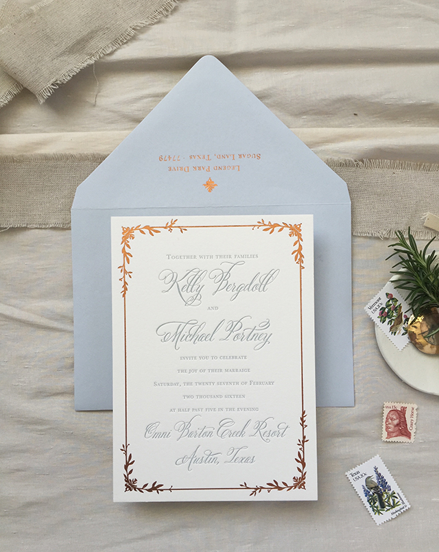 Dusty Blue Letterpress and Copper Foil Wedding Invitations