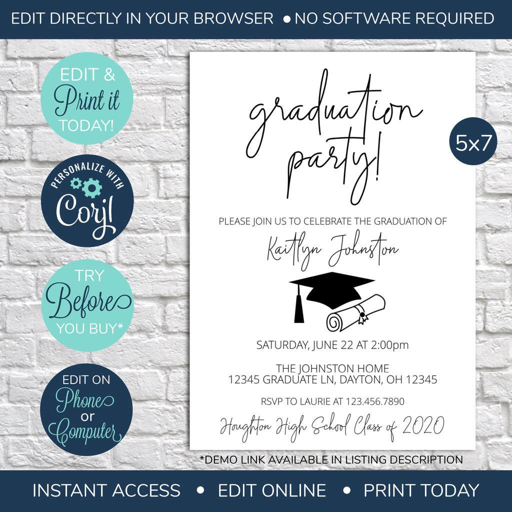 Editable Graduation Party Invitation by Snowbound Print Co