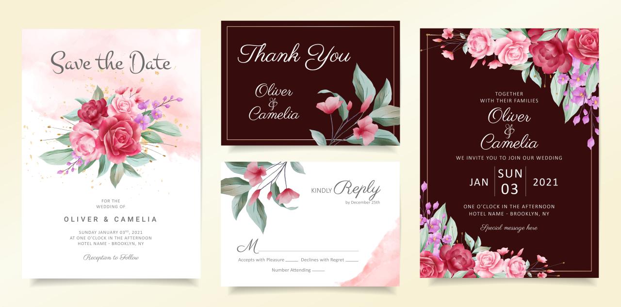 Flowers wedding invitation card template set