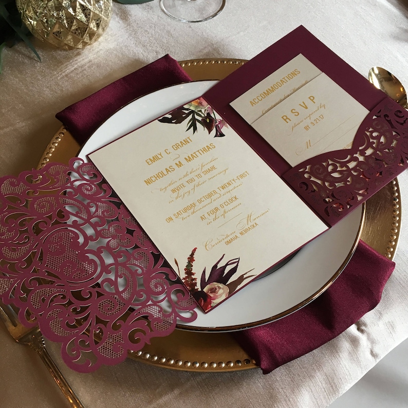Laser Cut Pocket Wedding Invitation Kit Burgundy Wedding - Etsy