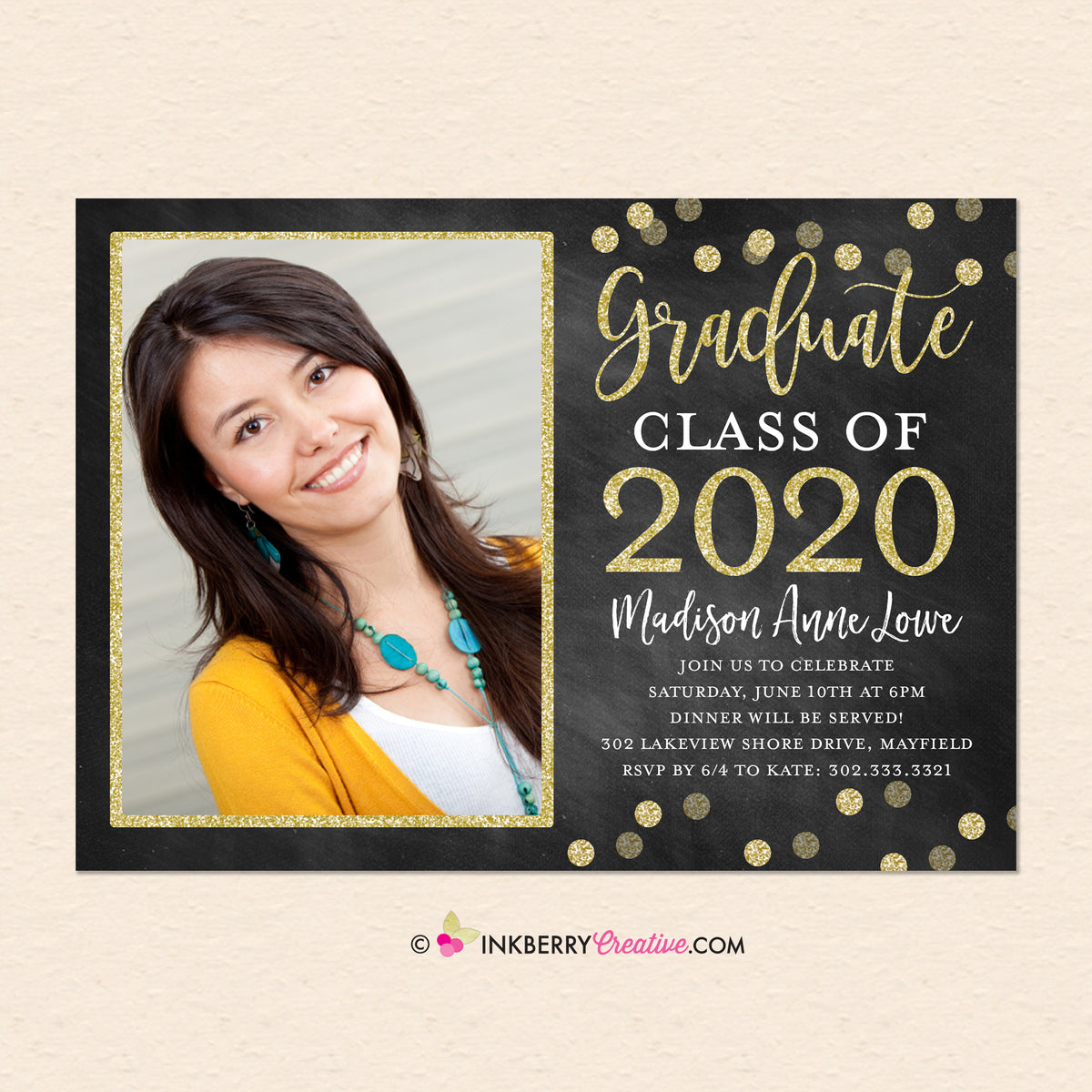 Chalkboard Gold Confetti Graduation Invitation or Announcement – Inkberry Creative, Inc.