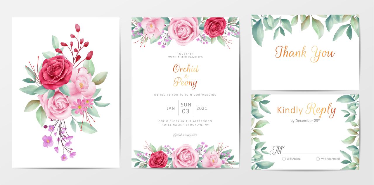 Elegant floral wedding invitation cards template set with flowers
