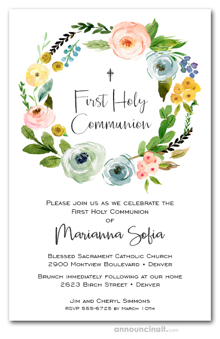 Spring Wreath First Holy Communion Invitations